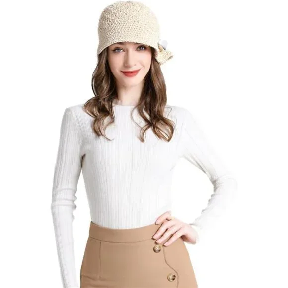 Women Winter Crochet Bucket Hat Bow Beige